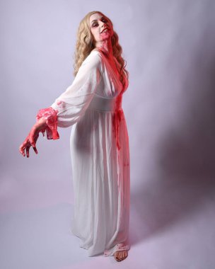  Korkunç zombi gelinin uzun bir portresi. Cadılar bayramı fantezi elbisesi ve kanlı kırmızı boya sıçraması. Ayakta durma pozu. Beyaz stüdyo arka planında izole edilmiş. 