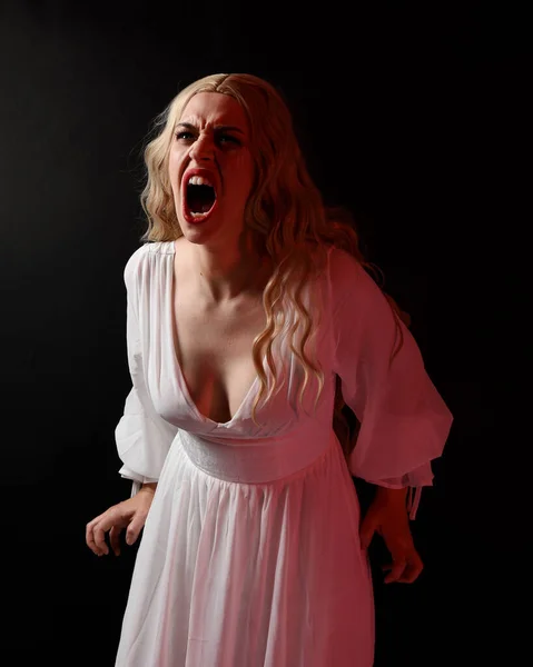 Close Portrait Scary Blonde Vampire Bride Wearing Elegant White Halloween — Stock Photo, Image