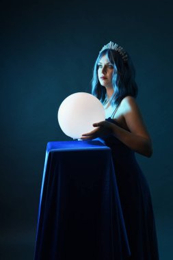 Mavi saçlı, göz kamaştırıcı fantezi balo elbisesi giyen, kristal taç takan, sanatsal duruşta parıldayan lamba taşıyan güzel bir kadın modelin portresi. Karanlık stüdyo arka planında izole.