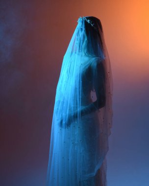 Beyaz gelinlik giymiş güzel bir mankenin yakın portresi ve kefen gibi akan bir duvak. Huysuz sinematik ışıklandırma, karanlık bir stüdyonun arka planında izole edilmiş..