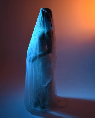 Beyaz gelinlik giymiş güzel bir mankenin yakın portresi ve kefen gibi akan bir duvak. Huysuz sinematik ışıklandırma, karanlık bir stüdyonun arka planında izole edilmiş..