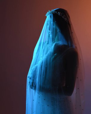 Beyaz gelinlik giymiş güzel bir mankenin yakın portresi ve kefen gibi akan bir duvak. Huysuz sinematik ışıklandırma, karanlık bir stüdyonun arka planında izole edilmiş..