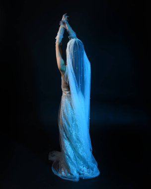 Beyaz gelinlik giymiş güzel bir mankenin uzun bir portresi ve kefen gibi akan bir duvak. Huysuz sinematik ışıklandırma, karanlık bir stüdyonun arka planında izole edilmiş..