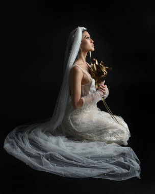 Beyaz gelinlik giymiş güzel bir mankenin uzun bir portresi ve kefen gibi akan bir duvak. Huysuz sinematik ışıklandırma, oturma pozu, karanlık bir stüdyo arka planında izole edilmiş..