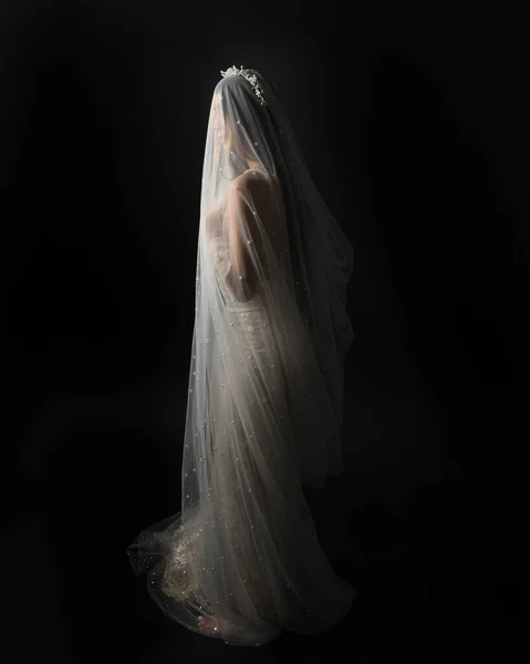 白い結婚式のガウンを身に着けている美しいモデルの完全な長さの肖像画および幽霊のように流れるヴェール ダークスタジオの背景に隔離されたムーディー映画照明 — ストック写真