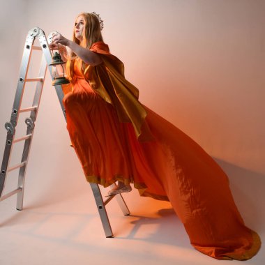 Orta çağ fantezi elbisesi giymiş, büyük boy sarışın kadın portresi, kraliyet kraliçesinin altın tacı. Kale duvarında olduğu gibi tırmanma merdiveni, izole stüdyo arka planı.