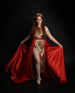 Full length portrait of beautiful female model wearing grecian red silk gold roman robes, historical fantasy goddess costume with crown wreath. Standing pose isolated on dark studio background. clipart