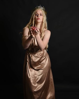 Altın sarısı ipek toga cübbe ve taç giyen güzel sarışın kadın modelin yakın plan portresi. Tarihi fantezi tanrıçası persephone elinde nar meyvesi tutuyor. Karanlık stüdyo arka planında izole.