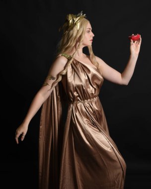 Altın sarısı ipek toga cübbe ve taç giyen güzel sarışın kadın modelin yakın plan portresi. Tarihi fantezi tanrıçası persephone elinde nar meyvesi tutuyor. Karanlık stüdyo arka planında izole.