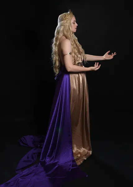 stock image full length portrait of beautiful blonde female model wearing purple and gold silken toga robes with royal crown, historical fantasy goddess costume. Isolated on dark studio background.