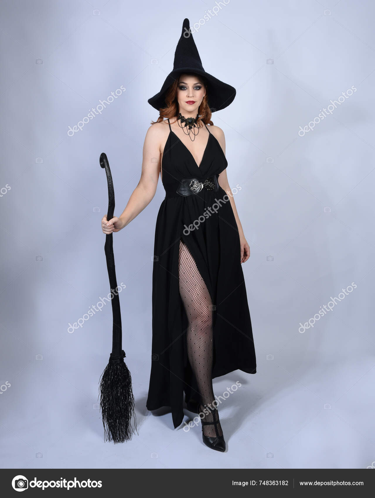 Portrait Beautiful Female Model Wearing Glamorous Black Witch Dress ...