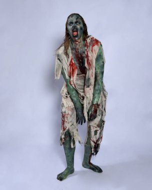 Korkunç cadılar bayramı kostümü giyen korkunç kadın modelin portresi yırtık giysiler ve sahte kan ölümsüz bir zombi karakteri gibi. Karanlık stüdyo arka planında yürüyen bir figür.