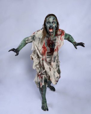 Korkunç cadılar bayramı kostümü giyen korkunç kadın modelin portresi yırtık giysiler ve sahte kan ölümsüz bir zombi karakteri gibi. Karanlık stüdyo arka planında yürüyen bir figür.