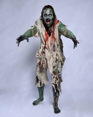 Korkunç cadılar bayramı kostümü giyen korkunç kadın modelin portresi yırtık giysiler ve sahte kan ölümsüz bir zombi karakteri gibi. Karanlık stüdyo arka planında yürüyen bir figür.