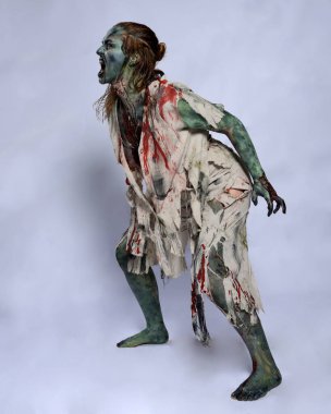 Korkunç cadılar bayramı kostümü giyen korkunç kadın modelin portresi yırtık giysiler ve sahte kan ölümsüz bir zombi karakteri gibi. Karanlık stüdyo arka planında yürüyen bir figür.