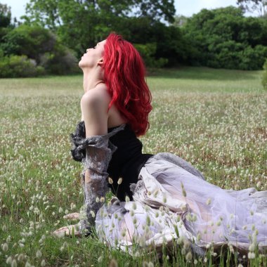 Güzel kızıl saçlı kadın modelin portresi, gotik fantezi kostümlü yırtık balo elbisesi, siyah korse. Rüya gibi çiçek tarlası orman manzarası arka planında oturuyor..