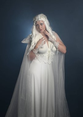 close up portrait of beautiful blonde female model wearing  white fantasy snow fairy gown,  magical silver crystal queen crown, hooded flowing  sheer cloak.  Isolated pose on dark studio background. clipart