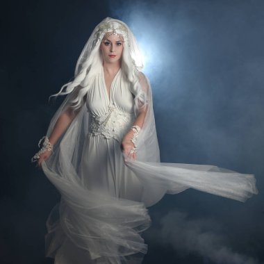 close up portrait of beautiful blonde female model wearing  white fantasy snow fairy gown,  magical silver crystal queen crown, hooded flowing  sheer cloak.  Isolated pose on dark studio background. clipart