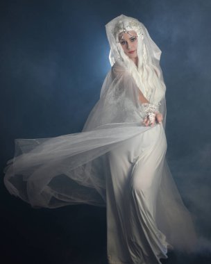 close up portrait of beautiful blonde female model wearing  white fantasy snow fairy gown,  magical silver crystal queen crown, hooded flowing  sheer cloak.  Isolated pose on dark studio background. clipart