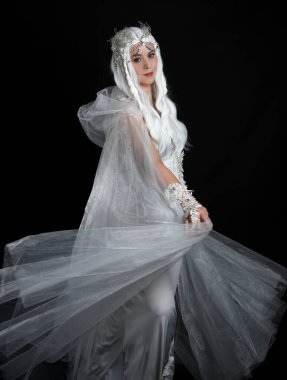 close up portrait of beautiful blonde female model wearing  white fantasy snow fairy gown,  magical silver crystal queen crown, hooded flowing  sheer cloak.  Isolated pose on dark studio background. clipart