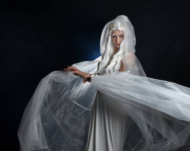 close up portrait of beautiful blonde female model wearing  white fantasy snow fairy gown,  magical silver crystal queen crown, hooded flowing  sheer cloak.  Isolated pose on dark studio background. clipart