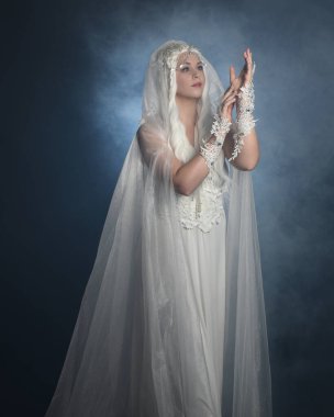 close up portrait of beautiful blonde female model wearing  white fantasy snow fairy gown,  magical silver crystal queen crown, hooded flowing  sheer cloak.  Isolated pose on dark studio background. clipart