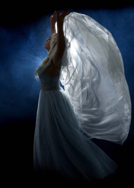 Uzun boylu, sarışın, fantezi perisi, ortaçağ peri masalı balo elbisesi, peçeli, beyaz pelerinli. Ayakta durarak karanlık stüdyo arkaplanını ürkütücü sis efektiyle izole ettim.