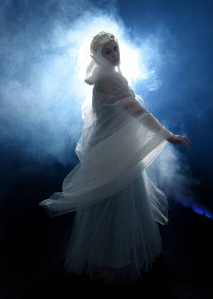 full length portrait beautiful blonde fantasy maiden faery wearing medieval fairytale ballgown costume, veiled white cape. standing pose  isolated dark studio background with spooky  smoke fog effect