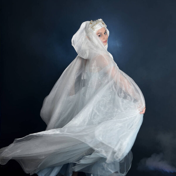 Close up portrait beautiful blonde fantasy maiden faery wearing medieval fairytale ballgown costume, veiled white cape. standing pose isolated dark studio background with mystical smoke fog effect