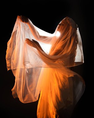 Güzel bir kadın modelin, ruhani bir başlık takan, duvak takan, ürkütücü bir hayalet gelin kostümü giyen sinematik portresi. Esrarengiz duman efektleriyle, elinde çiçeklerle karanlık stüdyo arka planı.