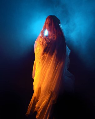 Güzel bir kadın modelin, ruhani bir başlık takan, duvak takan, ürkütücü bir hayalet gelin kostümü giyen sinematik portresi. Esrarengiz duman efektleriyle, elinde çiçeklerle karanlık stüdyo arka planı.