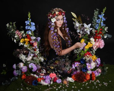 Celtic Bahar Tanrıçası Olarak Kadın Modellerinin Stüdyo Portreleri, Beltane Pagan Mitolojisinden esinlenilmiş Çiçek Peri Fantezi Kostümü. İzole edilmiş Karanlık Stüdyo Arkaplan 'da klasik oturma pozu