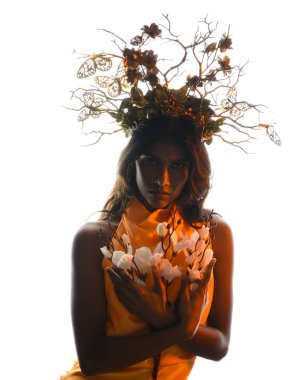 Arka planda, altın sarısı bir ışıkla parıldayan, çiçekli bir taç takan, elinde çiçekler tutan, yumuşak, ruhani bir fantezi tanrıçası fantezi karakterini anımsatan bir kadının siluet portresi.