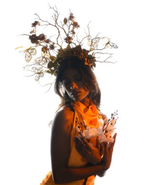 Arka planda, altın sarısı bir ışıkla parıldayan, çiçekli bir taç takan, elinde çiçekler tutan, yumuşak, ruhani bir fantezi tanrıçası fantezi karakterini anımsatan bir kadının siluet portresi.