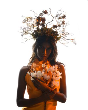 Arka planda, altın sarısı bir ışıkla parıldayan, çiçekli bir taç takan, elinde çiçekler tutan, yumuşak, ruhani bir fantezi tanrıçası fantezi karakterini anımsatan bir kadının siluet portresi.