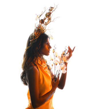 Arka planda, altın sarısı bir ışıkla parıldayan, çiçekli bir taç takan, elinde çiçekler tutan, yumuşak, ruhani bir fantezi tanrıçası fantezi karakterini anımsatan bir kadının siluet portresi.