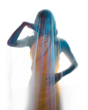 Kadın modelin siluetli arka ışıklandırmalı portreleri katıksız kefen örtüsüyle örtülmüş, hafif ışıklandırmayla parlayan. Gizemli, karamsar ve dramatik fantezi veya gotik temalar için mükemmel..