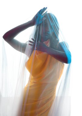 Kadın modelin siluetli arka ışıklandırmalı portreleri katıksız kefen örtüsüyle örtülmüş, hafif ışıklandırmayla parlayan. Gizemli, karamsar ve dramatik fantezi veya gotik temalar için mükemmel..