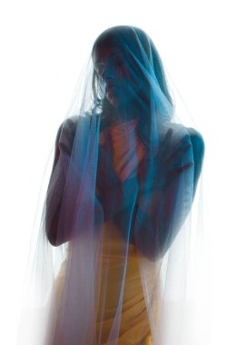 Kadın modelin siluetli arka ışıklandırmalı portreleri katıksız kefen örtüsüyle örtülmüş, hafif ışıklandırmayla parlayan. Gizemli, karamsar ve dramatik fantezi veya gotik temalar için mükemmel..