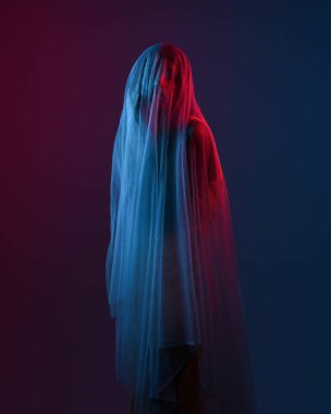 Saf kefen örtüsüne sarılı bir kadın modelin portreleri, canlı neon pembe ve mavi ışıkla aydınlatılıyor, karamsar, rüya gibi ve görsel olarak çarpıcı seriler yaratıyor, ruhani ışıkla kalın rengi harmanlıyor..