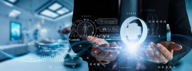 İş adamı elinde modern tıbbi işaretler, tıbbi ağ sağlık ağı çevrimiçi bağlantı, konsept iş ve tıp teknolojisi ile kar, fayda, sağlık ve hastalar için sigorta ile