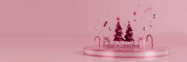 Feliz Ano Novo Fundo Natal Árvore Natal Rosa Cercado Flutuante — Fotografia de Stock
