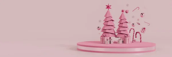 Frohes Neues Jahr Weihnachtshintergrund Rosa Weihnachtsbaum Umgeben Schwimmende Ornament Zuckerrohr — Stockfoto