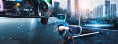 Akıllı araba konsepti için alternatif enerji, elektrikli araba için EV araç şarj istasyonu, fütüristik şarj güç kablosu ve arabaya fiş, yeşil enerji ve sürdürülebilir enerji kaynağı teknolojisi