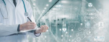 Modern alternatif tıp veya bilim, doktorlar veri topluyor, DNA 'yı analiz ediyor, hasta verilerini tedavi ediyor ve depoluyor, gelecekteki bilim, bulut ve yapay zeka sistemleri, çevrimiçi hasta bilgi hizmetleri