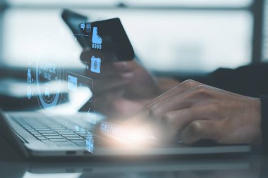 Futuristic concept online shopping,payment application 4.0 technology,businessman using laptop online shopping modern hologram virtual screen icon system connection process by artificial intelligence
