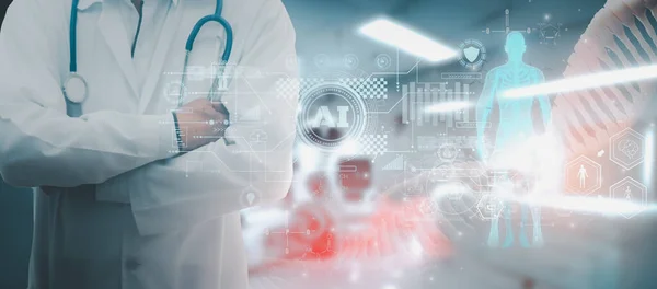 Yapay zeka kullanan doktor, yapay zeka ya da yapay DNA yapı molekülü zinciri, insan, bilim insanı hücresinin kromozom DNA genetik hücresi,