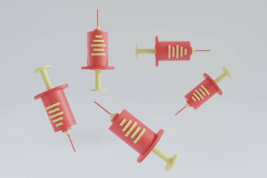 Tıbbi teçhizat minimalizmi, enjektör iğne karikatür tarzı beyaz zemin üzerinde izole aşı, aşı, aşı, iğne, grip, virüs, aşılama, 3D çizim