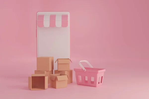 Pink shopping basket, parcel box, smartphone on isolated pink background retail store, online shopping design concept and promotion pass mobile device, payment online, shopping e commerce,3d render