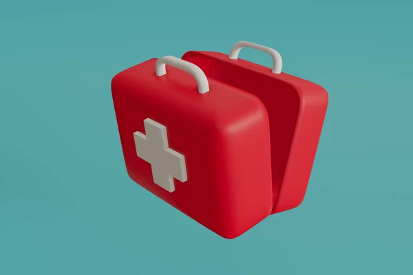 隔離された青い背景の注射器が付いている3D開いた赤い最初の援助のキット 丸薬およびカプセルは 医学の緊急キット バッグの概念の患者および事故 3D図示のレンダリング オブジェクトを最小にします — ストック写真